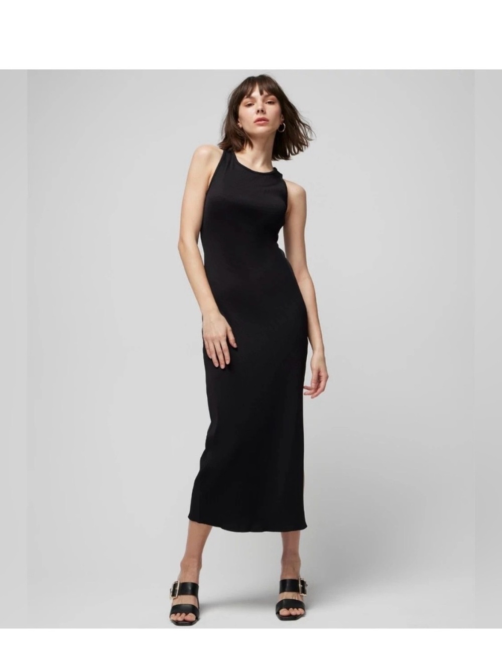 EUC WHBMSleeveless Black Midi Dress - Sleek Ribbed Design